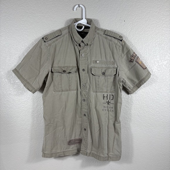 Harley Davidson Shirt Mens M Khaki Short Sleeve Military Patch Button-up - Picture 1 of 11